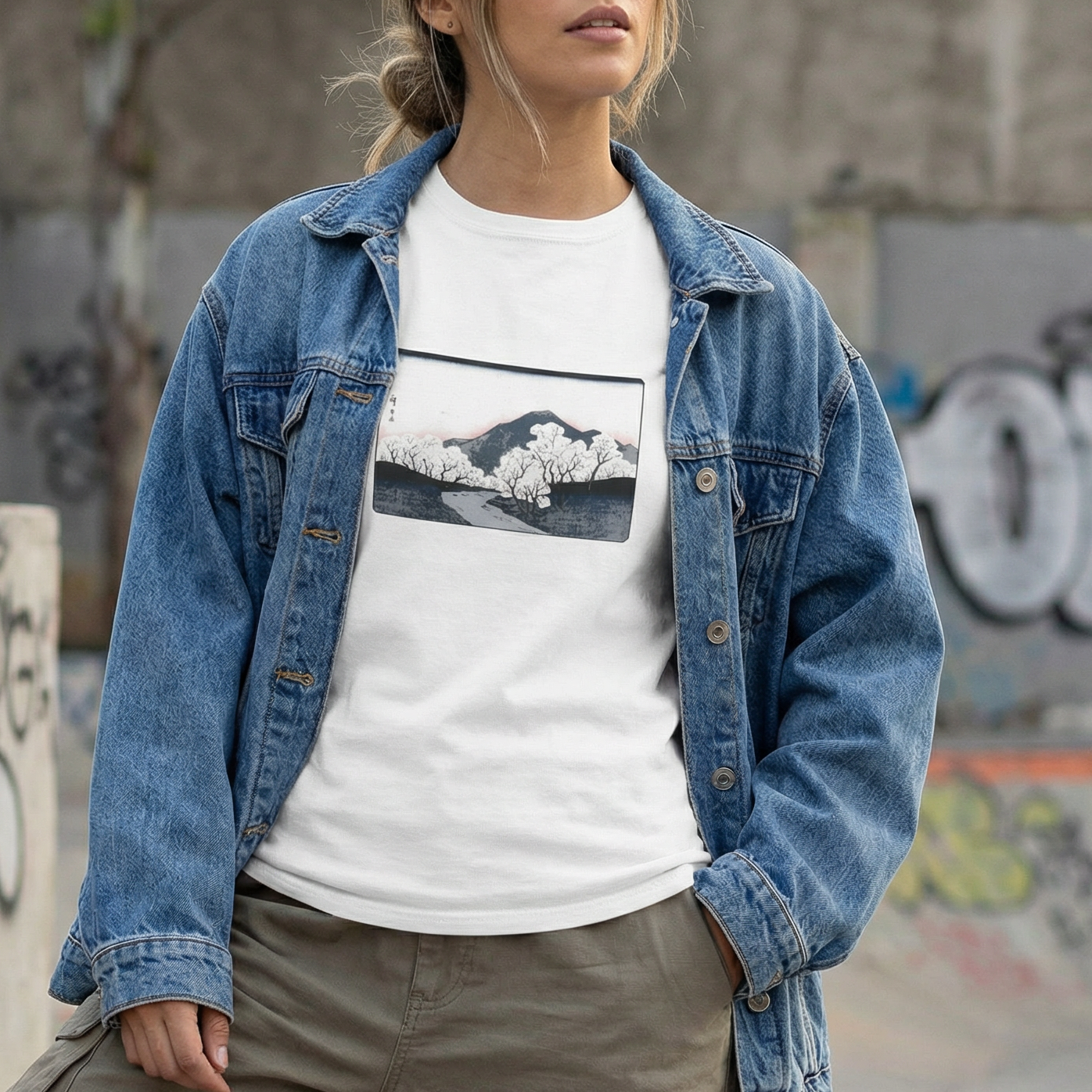 Person wearing a denim jacket over a white t-shirt with a graphic design, standing in an urban setting with graffiti.