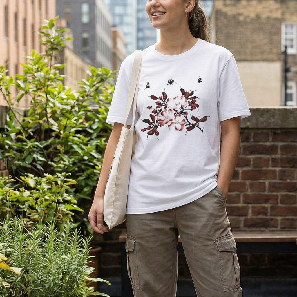 Woman standing on a rooftop with plants and city buildings in the background