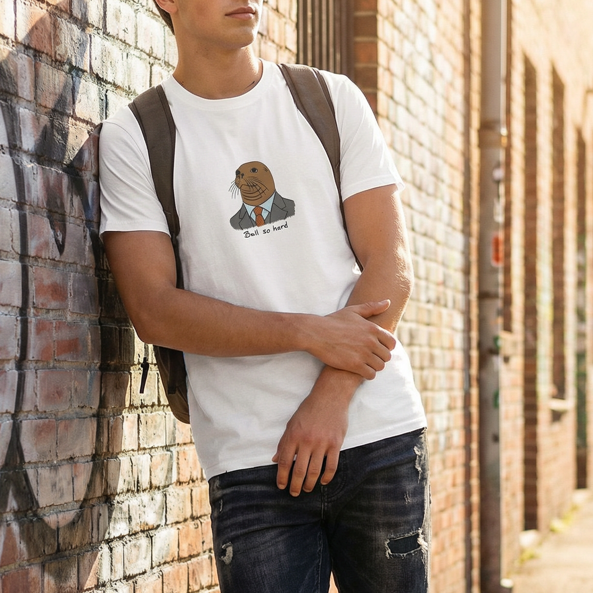 Person wearing a white t-shirt with a graphic design, standing against a graffiti-covered wall.
