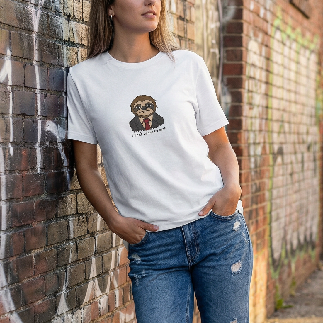 Woman wearing a white t-shirt with a graphic design, standing against a graffiti-covered brick wall.