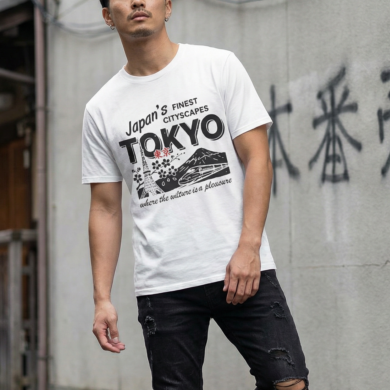 Man wearing a white t-shirt with 'Tokyo' design walking on a street.